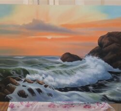 تابلو نقاشی موج و صخره رنگ روغن کار دست