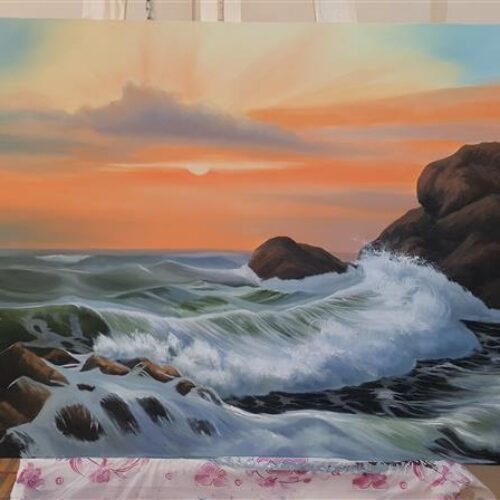 تابلو نقاشی موج و صخره رنگ روغن کار دست