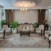 مبل 9 نفره چوب اصل، همراه نهارخوری هشت نفره، میز تلویزیون، چهار عدد صندلی اپن