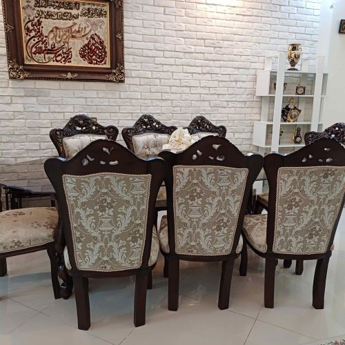 مبل 9 نفره چوب اصل، همراه نهارخوری هشت نفره، میز تلویزیون، چهار عدد صندلی اپن