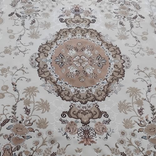 دوتخته فرش گل برجسته کرم گلبهی ابریشمی ماشینی