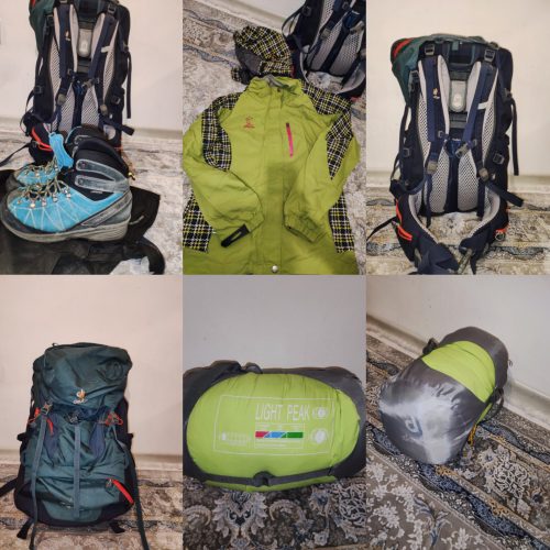 درود تعدادی وسایل کوهنوردی شامل کوله و کیسه خواب و کفش و کاپشن به فروش میرسد