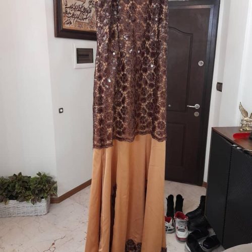 پیراهن مجلسی گیپور سایز 40 رنگ کرم قهوه ایی