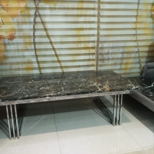 مبل 6 نفره استیل و سنگ به همراه میز وسط و میز ناهار خوری و میز تلویزیون