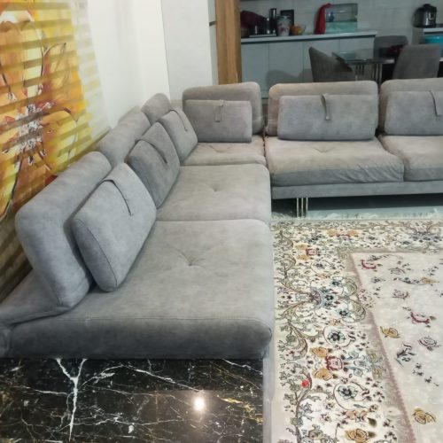 مبل 6 نفره استیل و سنگ به همراه میز وسط و میز ناهار خوری و میز تلویزیون