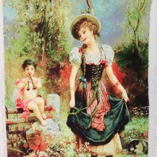 تابلو فرش دستباف ابریشم و مرینوس _ طرح دختر رقصیدن در باغ فرانسوی _ نو