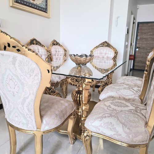 ست کامل مبلمان سلطنتی و میز ناهارخوری چوب گردو و روکش طلا